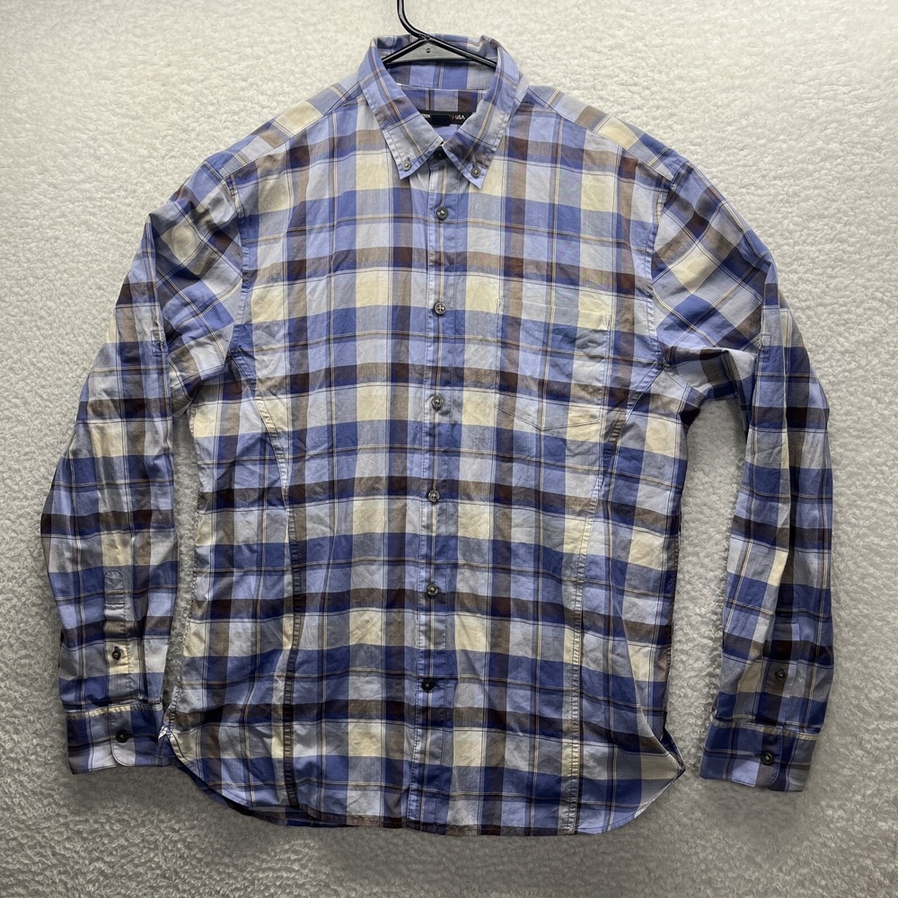 John Varvatos Shirt Mens Medium Blue Plaid  100% Cotton Button Long Sleeve Fit